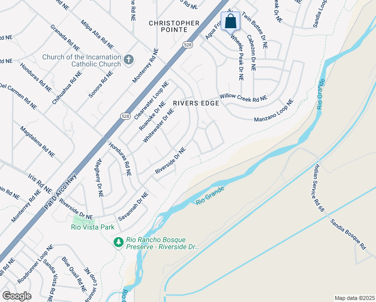 map of restaurants, bars, coffee shops, grocery stores, and more near 2042 Rivers Edge Drive Northeast in Rio Rancho