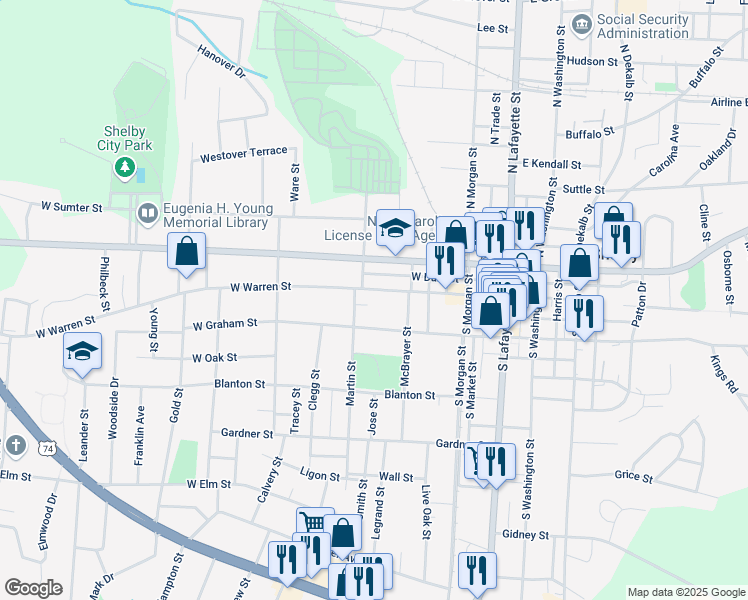 map of restaurants, bars, coffee shops, grocery stores, and more near 417 West Warren Street in Shelby