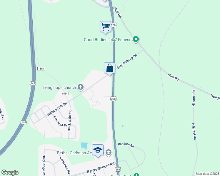 map of restaurants, bars, coffee shops, grocery stores, and more near 2025/2027 Tonya Drive in Kinston