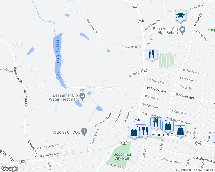 map of restaurants, bars, coffee shops, grocery stores, and more near 502 Sunset Drive in Bessemer City