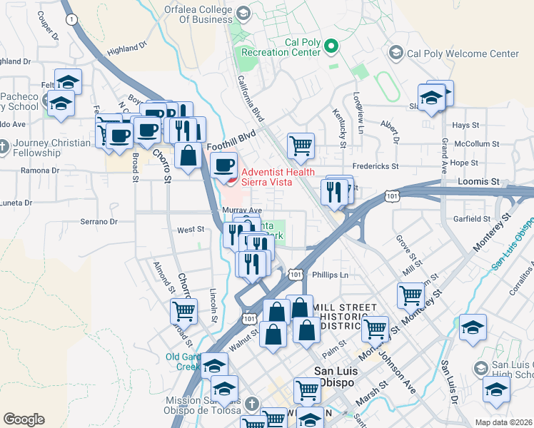 map of restaurants, bars, coffee shops, grocery stores, and more near 204 Casa Street in San Luis Obispo
