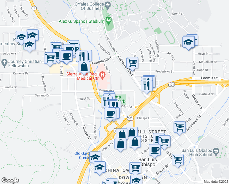map of restaurants, bars, coffee shops, grocery stores, and more near 1145 Murray Avenue in San Luis Obispo