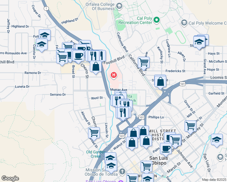map of restaurants, bars, coffee shops, grocery stores, and more near 1027 Murray Avenue in San Luis Obispo