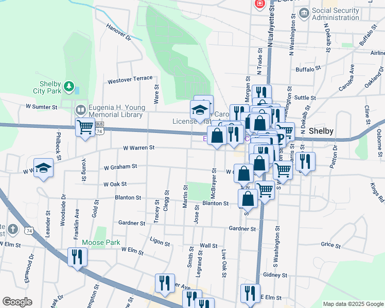 map of restaurants, bars, coffee shops, grocery stores, and more near 417 West Warren Street in Shelby