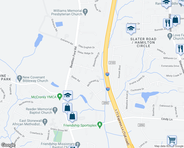 map of restaurants, bars, coffee shops, grocery stores, and more near 4304 Biesterfield Drive in Charlotte