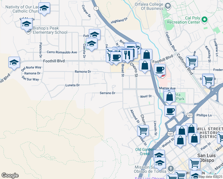 map of restaurants, bars, coffee shops, grocery stores, and more near 668 Serrano Drive in San Luis Obispo