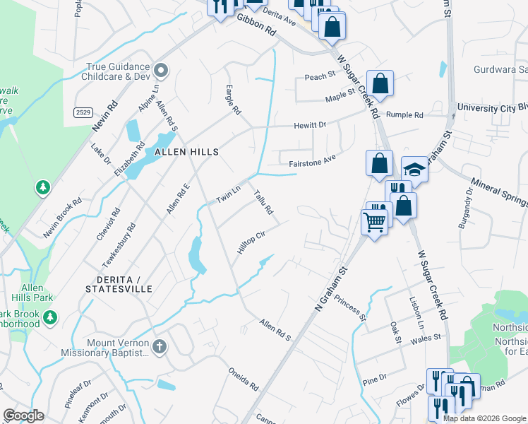 map of restaurants, bars, coffee shops, grocery stores, and more near 2727 Tallu Road in Charlotte