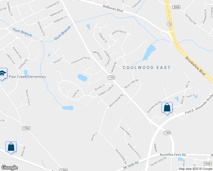 map of restaurants, bars, coffee shops, grocery stores, and more near 6940 Hidden Creek Drive in Charlotte