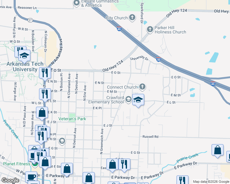 map of restaurants, bars, coffee shops, grocery stores, and more near 1205 North Ithaca Avenue in Russellville