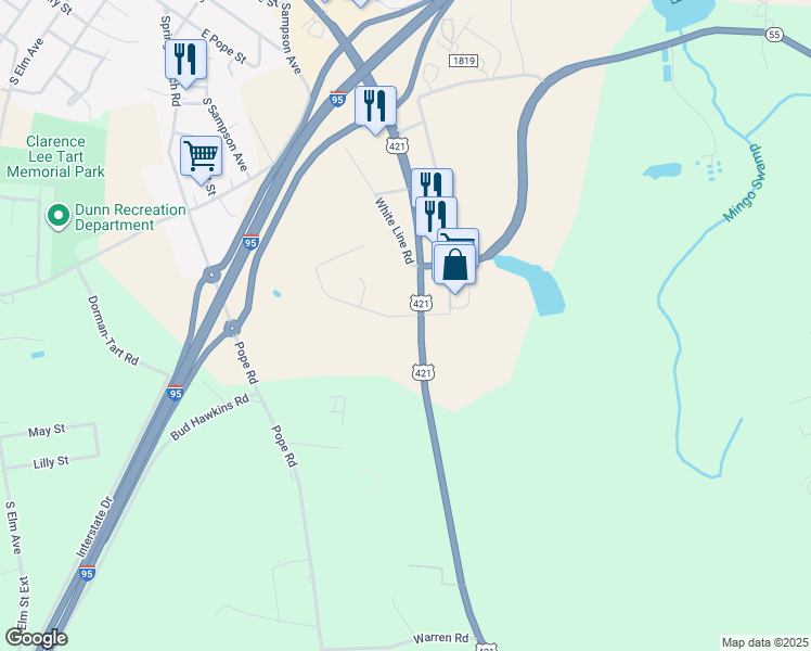 map of restaurants, bars, coffee shops, grocery stores, and more near 1300 East Cumberland Street in Dunn