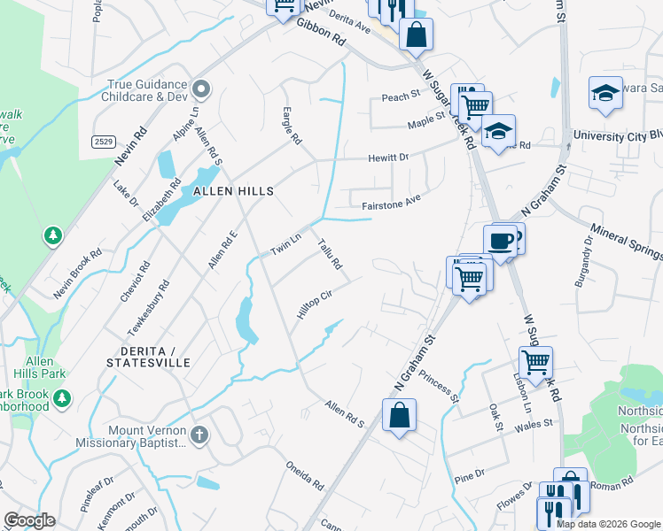 map of restaurants, bars, coffee shops, grocery stores, and more near 2727 Tallu Road in Charlotte
