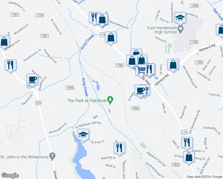 map of restaurants, bars, coffee shops, grocery stores, and more near 235 Highland Golf Drive in Flat Rock