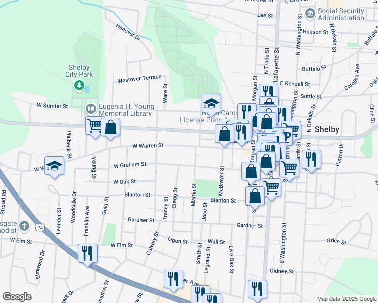 map of restaurants, bars, coffee shops, grocery stores, and more near 505 West Warren Street in Shelby