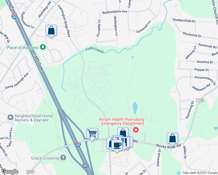 map of restaurants, bars, coffee shops, grocery stores, and more near 8800-9298 Stafford Road in Charlotte