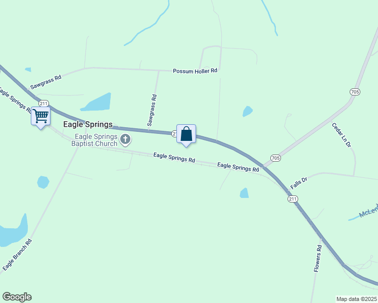 map of restaurants, bars, coffee shops, grocery stores, and more near 284 Eagle Springs Road in Eagle Springs