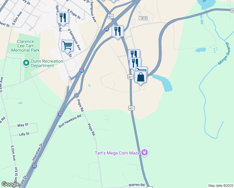 map of restaurants, bars, coffee shops, grocery stores, and more near 105 Winterlochen Drive in Dunn