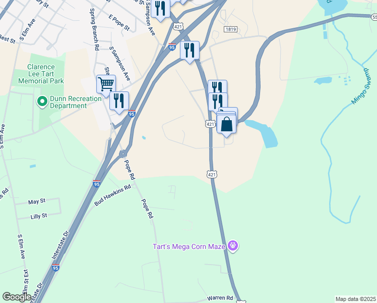 map of restaurants, bars, coffee shops, grocery stores, and more near 105 Winterlochen Drive in Dunn