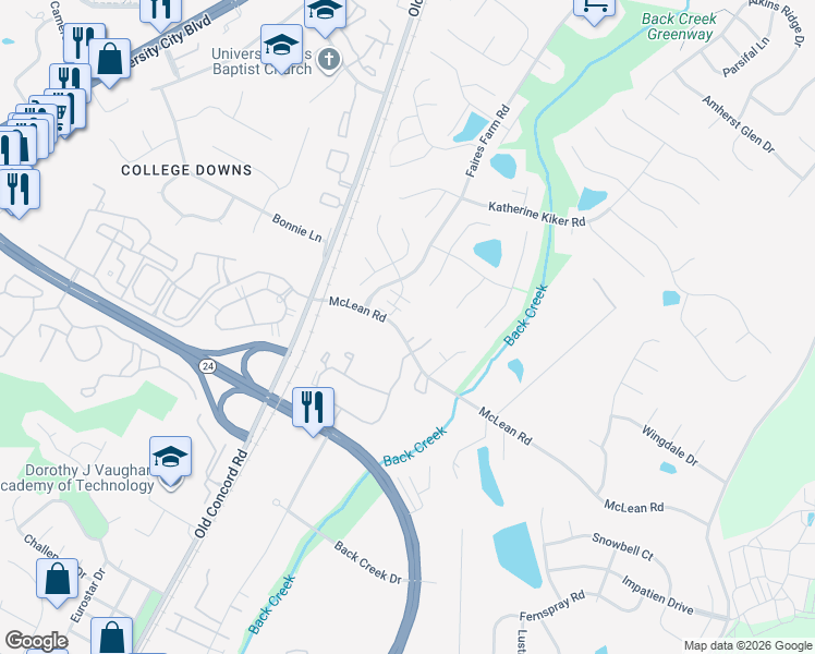 map of restaurants, bars, coffee shops, grocery stores, and more near 1907 McLean Road in Charlotte