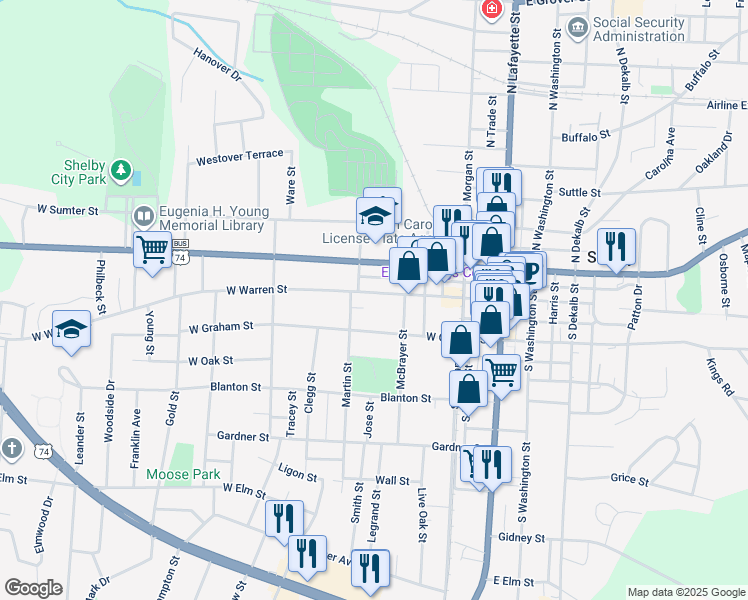 map of restaurants, bars, coffee shops, grocery stores, and more near 417 West Warren Street in Shelby