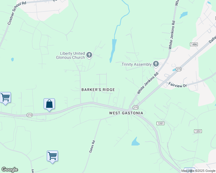map of restaurants, bars, coffee shops, grocery stores, and more near 2424 Barkers Ridge Drive in Bessemer City