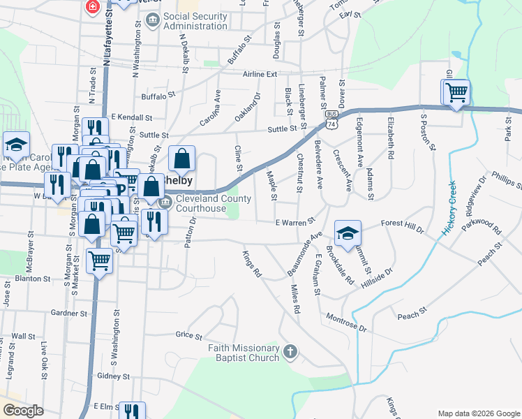 map of restaurants, bars, coffee shops, grocery stores, and more near 466-498 East Warren Street in Shelby