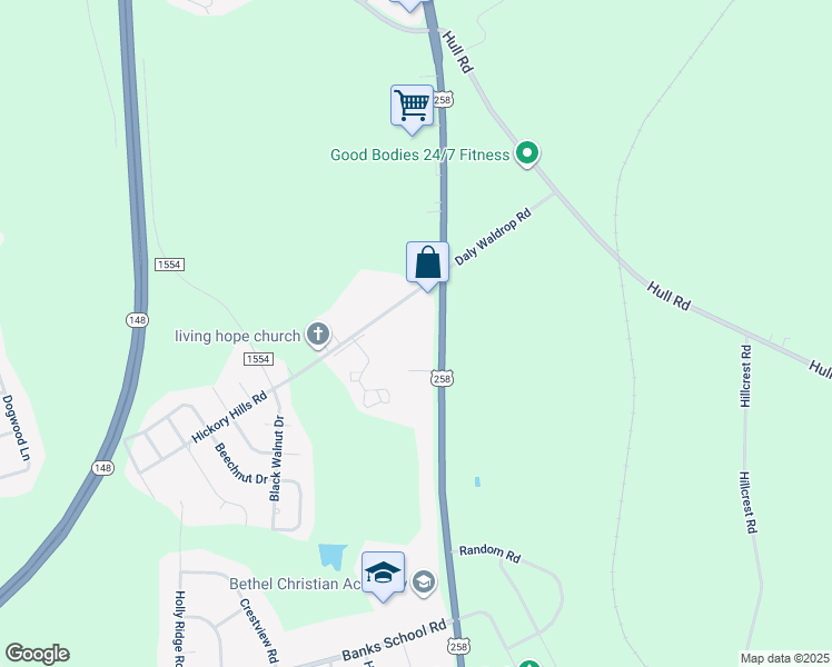 map of restaurants, bars, coffee shops, grocery stores, and more near 2025/2027 Tonya Drive in Kinston