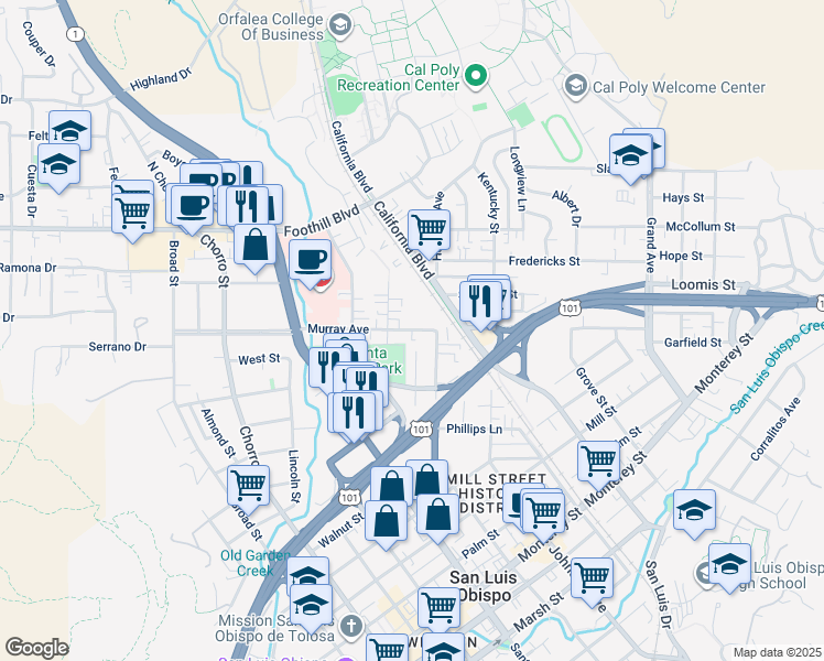 map of restaurants, bars, coffee shops, grocery stores, and more near 1247 Murray Avenue in San Luis Obispo
