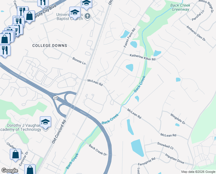 map of restaurants, bars, coffee shops, grocery stores, and more near 1907 McLean Road in Charlotte