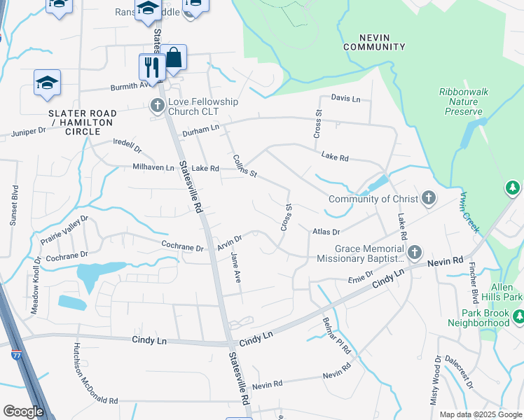 map of restaurants, bars, coffee shops, grocery stores, and more near 4303 Hey Rock Court in Charlotte