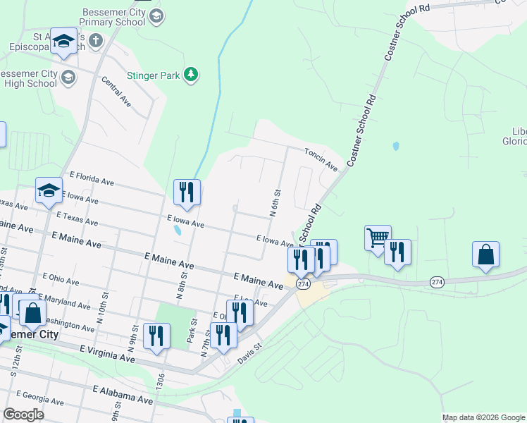 map of restaurants, bars, coffee shops, grocery stores, and more near 804 North 6th Street in Bessemer City