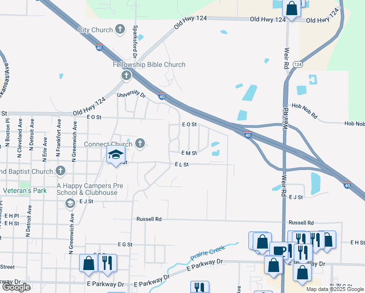 map of restaurants, bars, coffee shops, grocery stores, and more near 1301 North Oswego Avenue in Russellville
