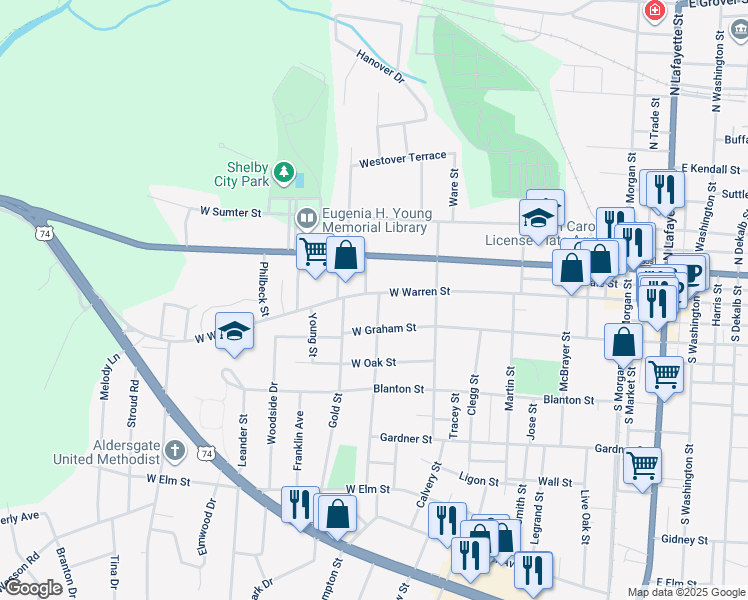 map of restaurants, bars, coffee shops, grocery stores, and more near 801 West Warren Street in Shelby