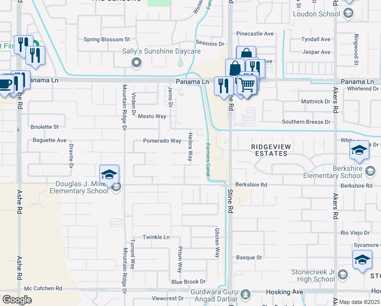 map of restaurants, bars, coffee shops, grocery stores, and more near Lomica Lane in Bakersfield