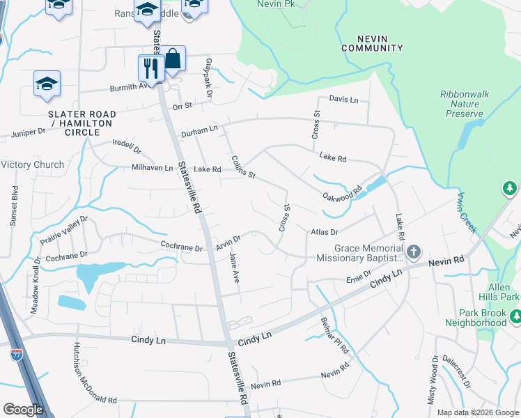 map of restaurants, bars, coffee shops, grocery stores, and more near 4308 Hey Rock Court in Charlotte