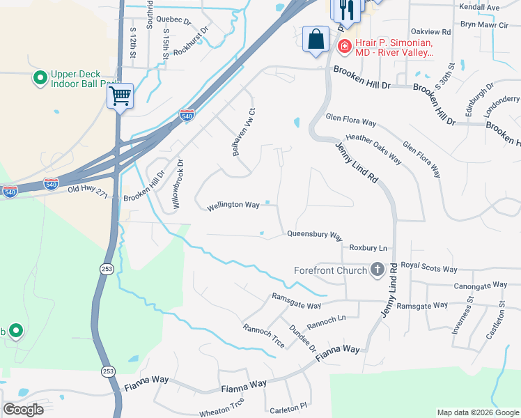map of restaurants, bars, coffee shops, grocery stores, and more near 1900 Wellington Way in Fort Smith