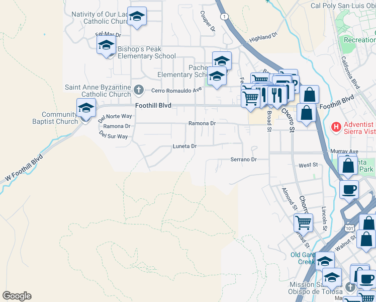 map of restaurants, bars, coffee shops, grocery stores, and more near 92 Rafael Way in San Luis Obispo