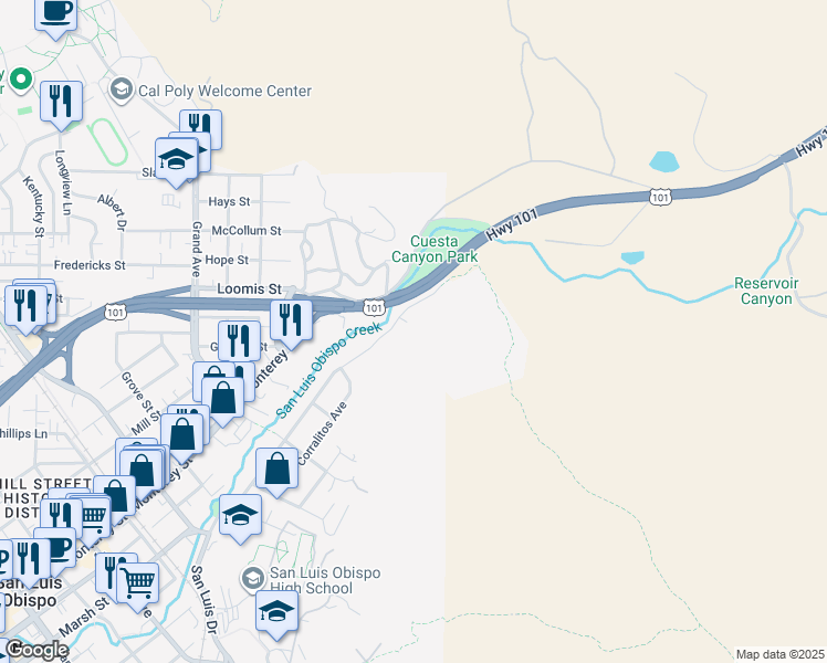 map of restaurants, bars, coffee shops, grocery stores, and more near 2171 San Luis Drive in San Luis Obispo