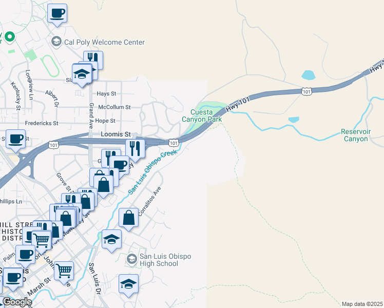 map of restaurants, bars, coffee shops, grocery stores, and more near 2171 San Luis Drive in San Luis Obispo
