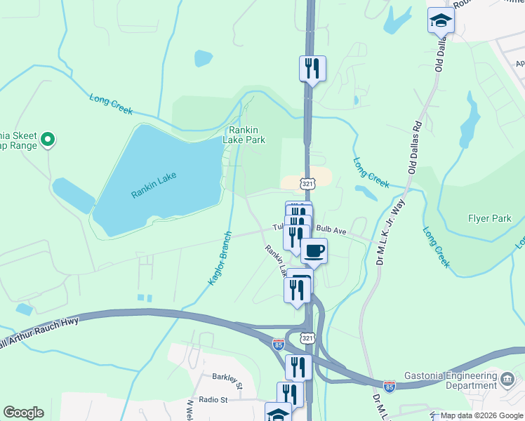 map of restaurants, bars, coffee shops, grocery stores, and more near 1634 Rankin Lake Road in Gastonia