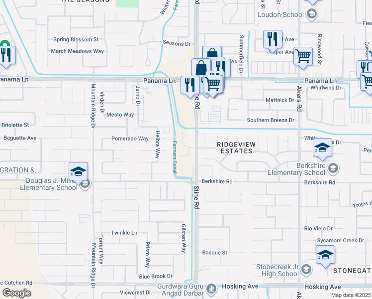 map of restaurants, bars, coffee shops, grocery stores, and more near 5000 Berkshire Road in Bakersfield