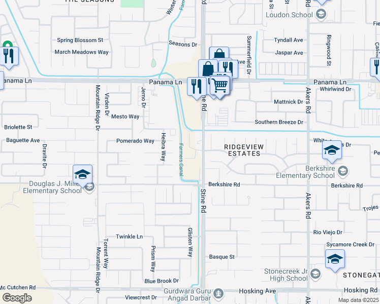 map of restaurants, bars, coffee shops, grocery stores, and more near 5000 Berkshire Road in Bakersfield