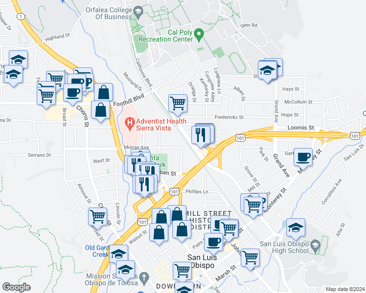 map of restaurants, bars, coffee shops, grocery stores, and more near 505A Hathway Avenue in San Luis Obispo