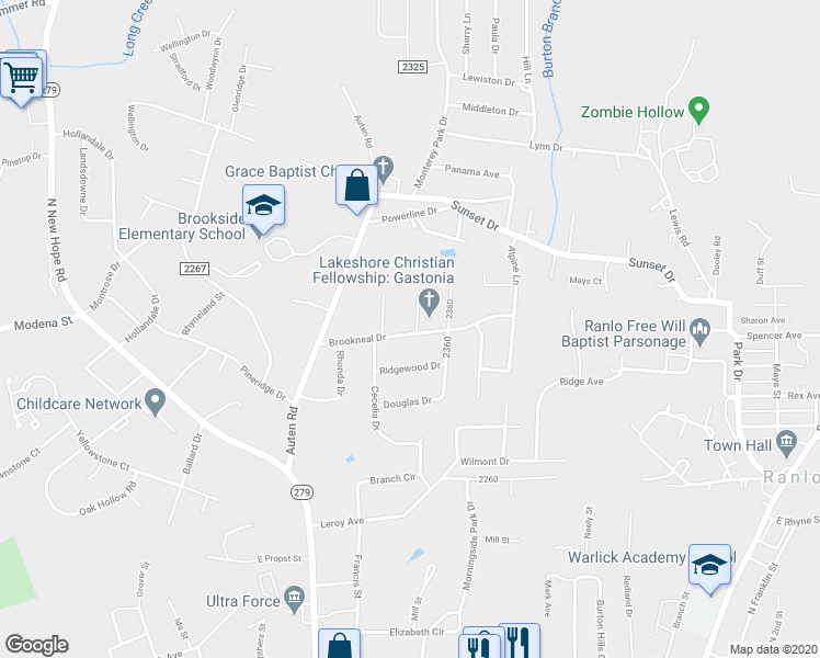 map of restaurants, bars, coffee shops, grocery stores, and more near 2137 Brookneal Drive in Gastonia