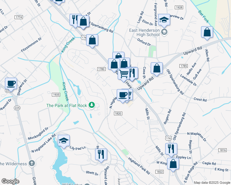 map of restaurants, bars, coffee shops, grocery stores, and more near 201 Quail Cove Lane in Flat Rock
