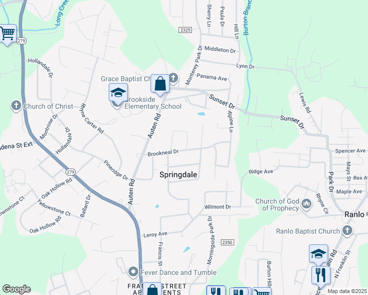map of restaurants, bars, coffee shops, grocery stores, and more near 2132 Brookneal Drive in Gastonia