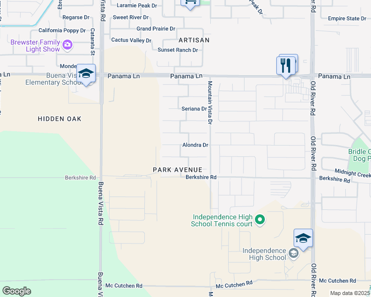 map of restaurants, bars, coffee shops, grocery stores, and more near 10706 Tamarron Drive in Bakersfield