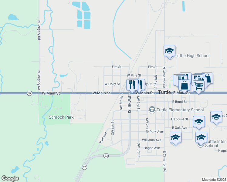 map of restaurants, bars, coffee shops, grocery stores, and more near 2 Northwest 6th Street in Tuttle