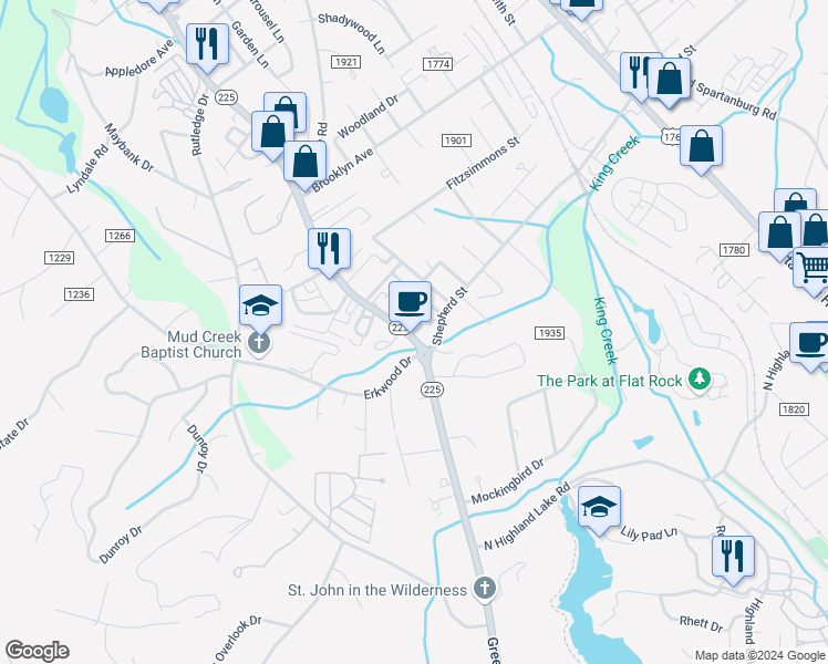 map of restaurants, bars, coffee shops, grocery stores, and more near 45 Bent Oaks Lane in Hendersonville