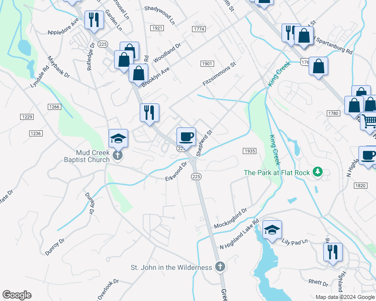 map of restaurants, bars, coffee shops, grocery stores, and more near 53 Bent Oaks Lane in Hendersonville