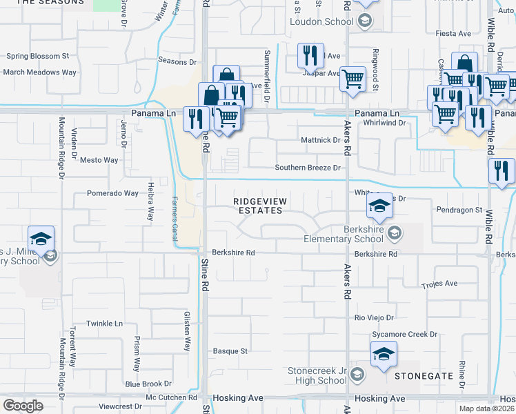 map of restaurants, bars, coffee shops, grocery stores, and more near 7015 Safflower Court in Bakersfield